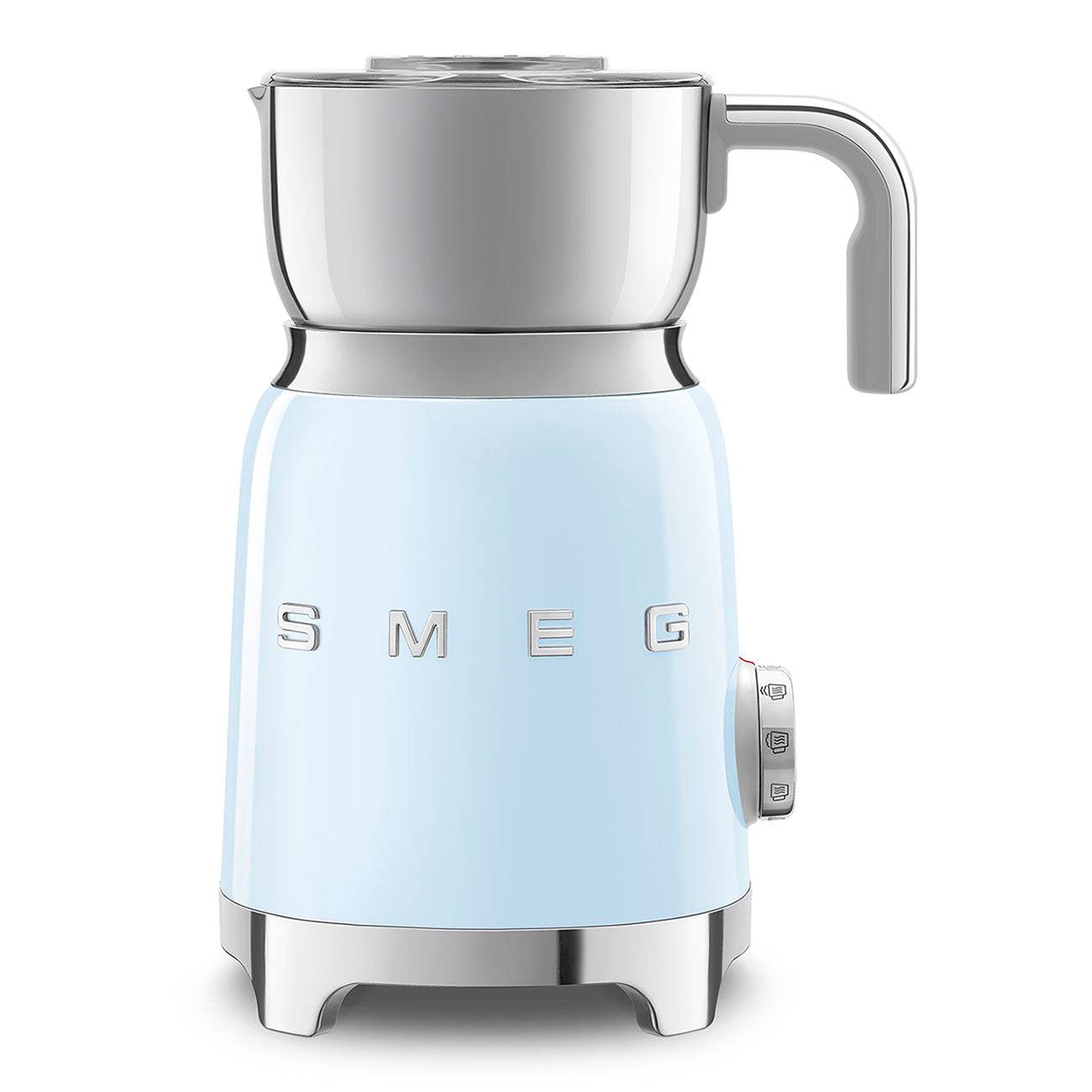 Montalatte Smeg blu, compatto e portatile, con design elegante per preparare schiuma di latte a casa.