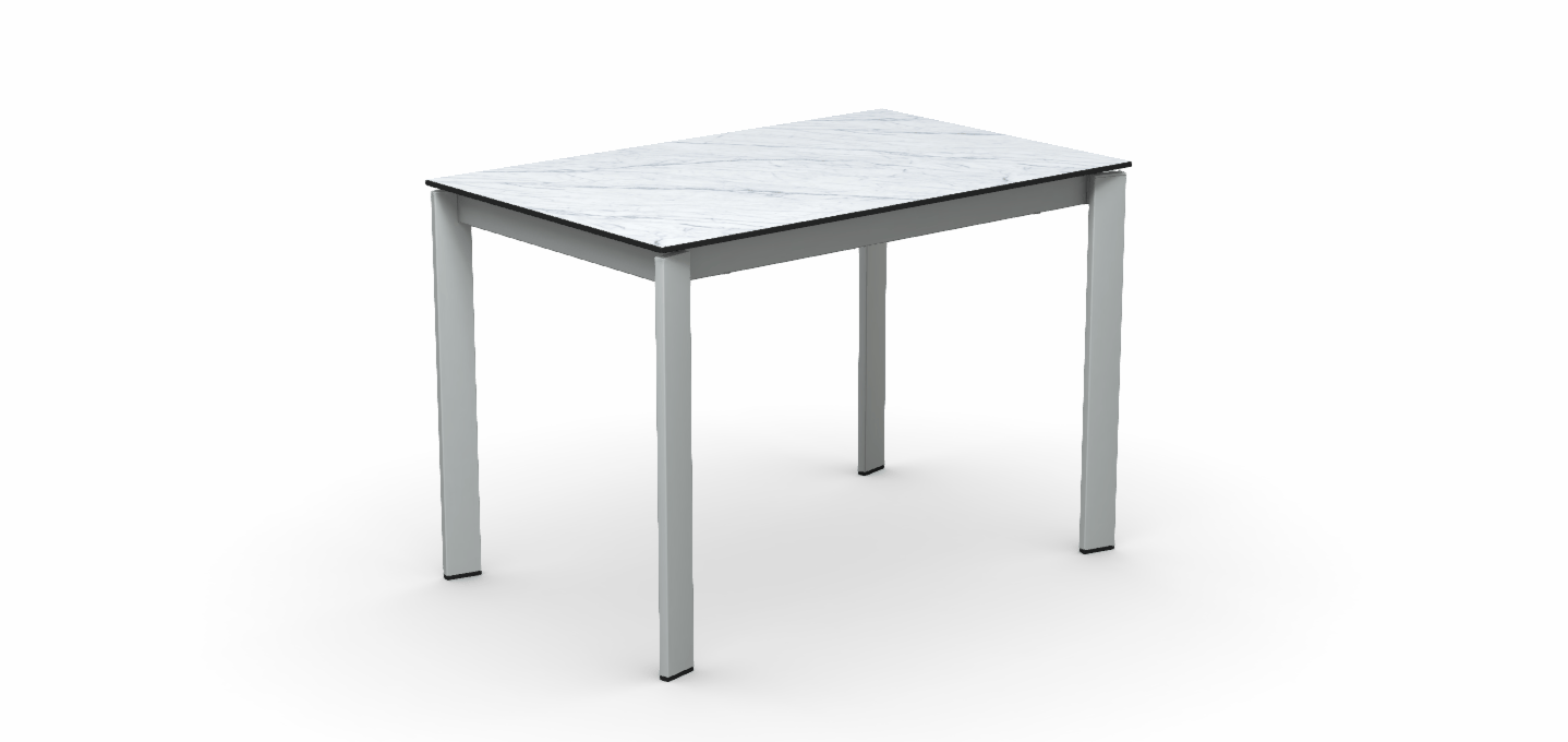 Tavolo moderno con piano effetto marmo bianco e gambe in metallo grigio, ideale per cucina o soggiorno