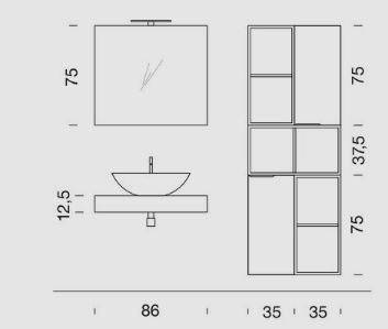Progetto tecnico mobile bagno con lavabo, specchio e colonne, misure dettagliate per arredamento moderno