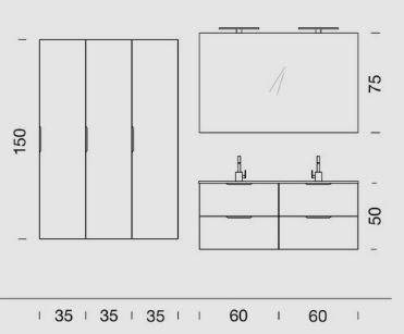 Disegno tecnico mobile bagno con specchio, lavabo doppio e armadio alto 150 cm