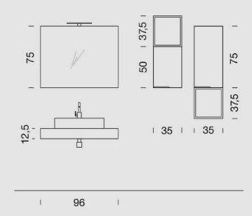 Piano cucina in vetro con dimensioni tecniche: 96x75 cm, spessore 12,5 cm, ideale per arredamento moderno