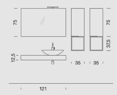 Disegno tecnico mobile bagno con lavabo, specchio e colonne, misure dettagliate per arredamento bagno