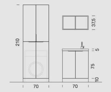 Schema tecnico mobile lavanderia con lavatrice integrata, dimensioni 210x70 cm, arredamento funzionale