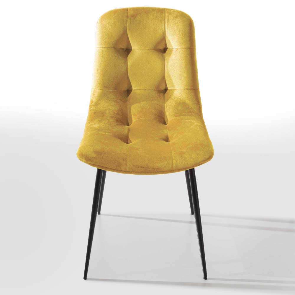 Sedia gialla in velluto con gambe nere, design moderno per soggiorno o cucina