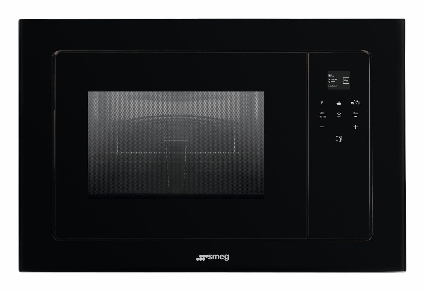 Microonde FMI120B3 ArredamentiOnline con display digitale e manopola, vista frontale con porta in vetro nero.
