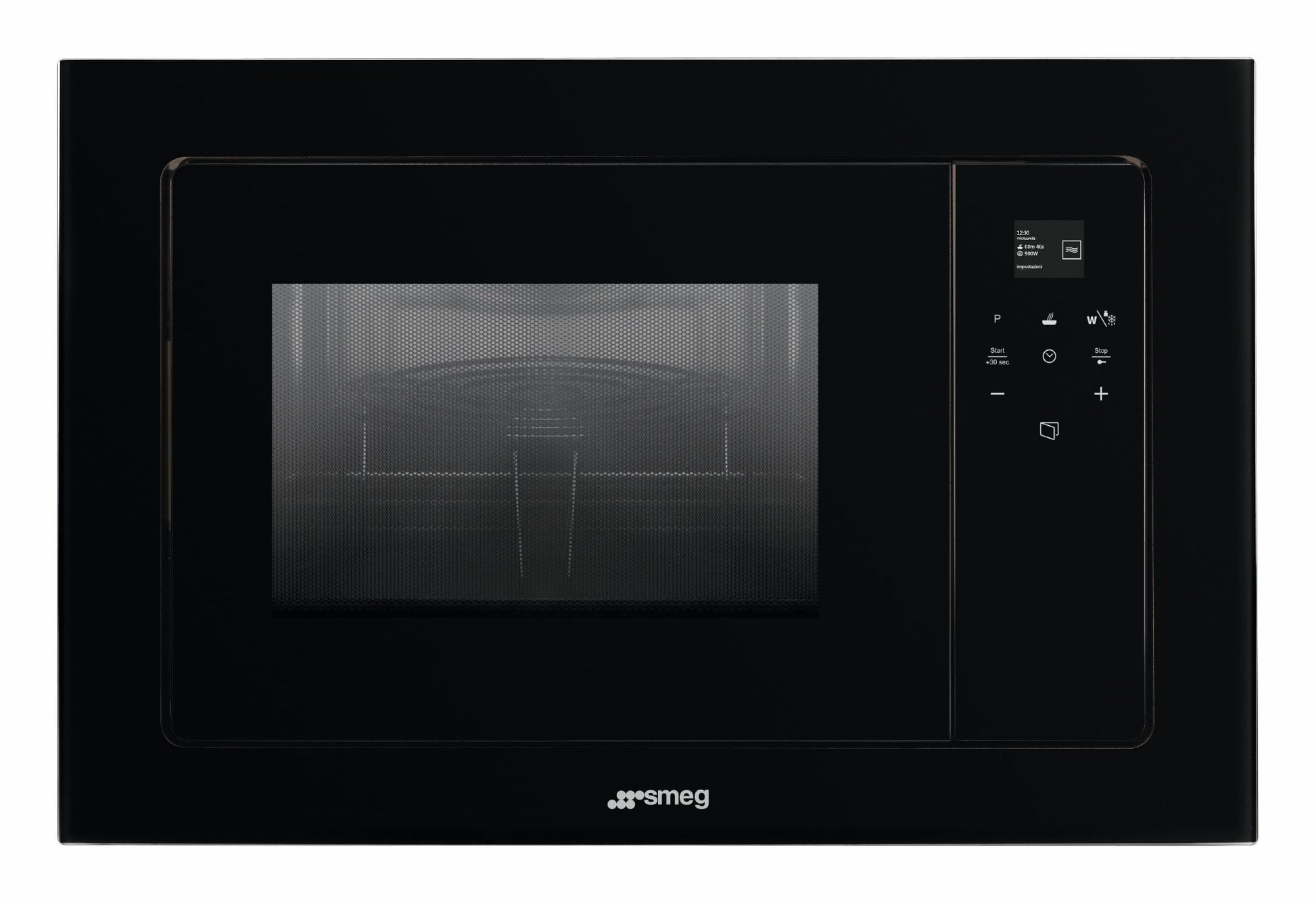 Microonde FMI120B3 ArredamentiOnline con display digitale e manopola, vista frontale con porta in vetro nero.
