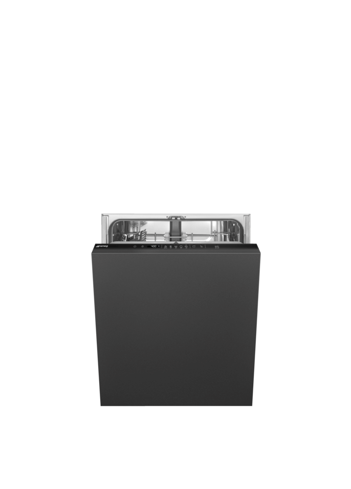 Lavastoviglie da incasso Smeg STL262D con pannello frontale in acciaio inox, dettagli interni e pulsanti di controllo.